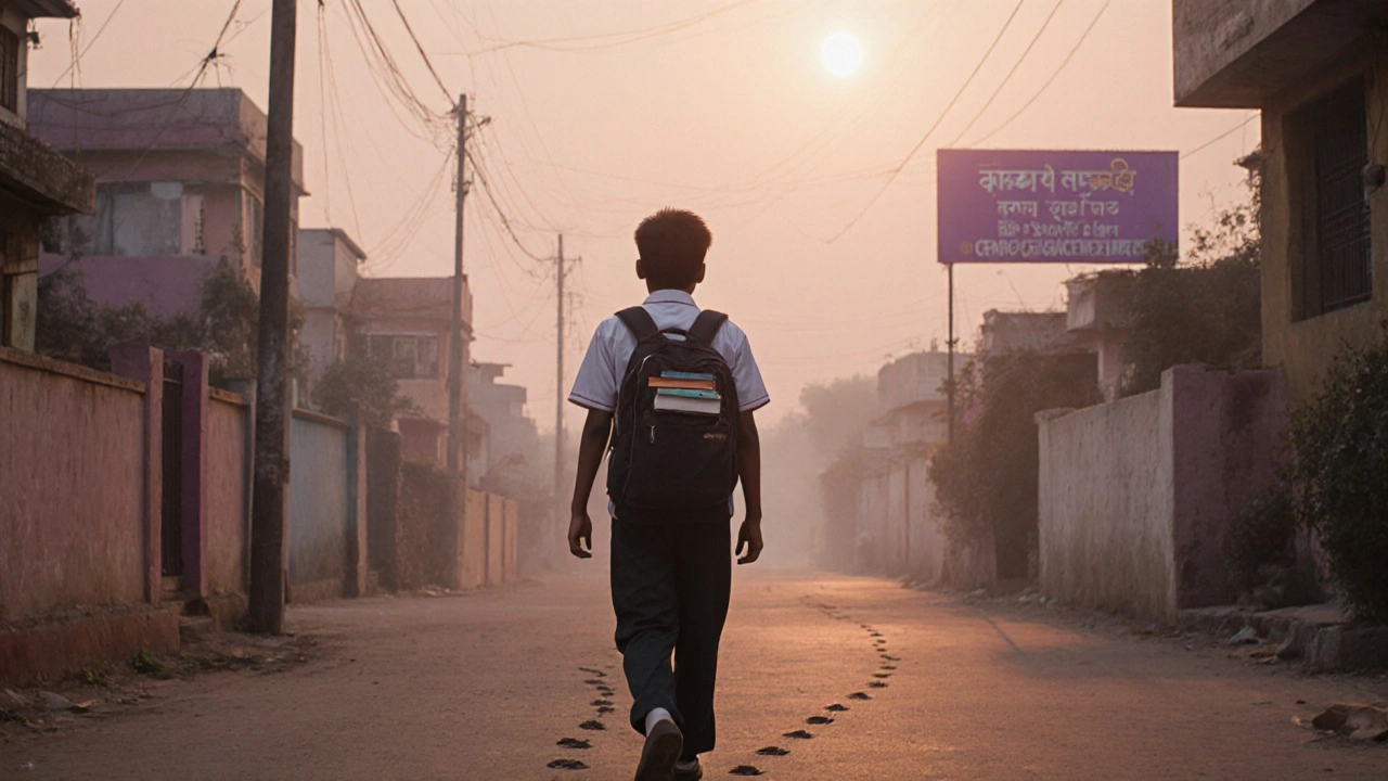 Shreyansh Jain walking alone at dawn in Jaipur, carrying books, quiet and focused under soft morning light.