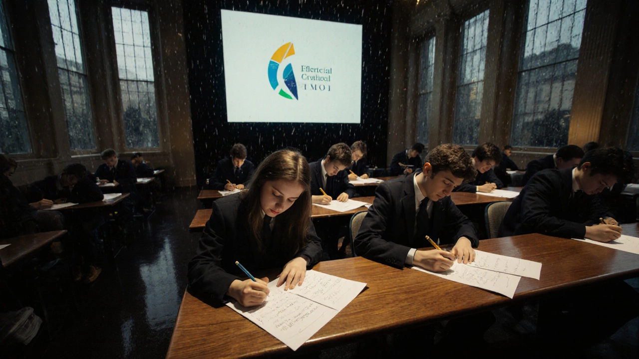 Teenage finalists from around the world silently working on IMO problems in a grand auditorium during the 2024 event.