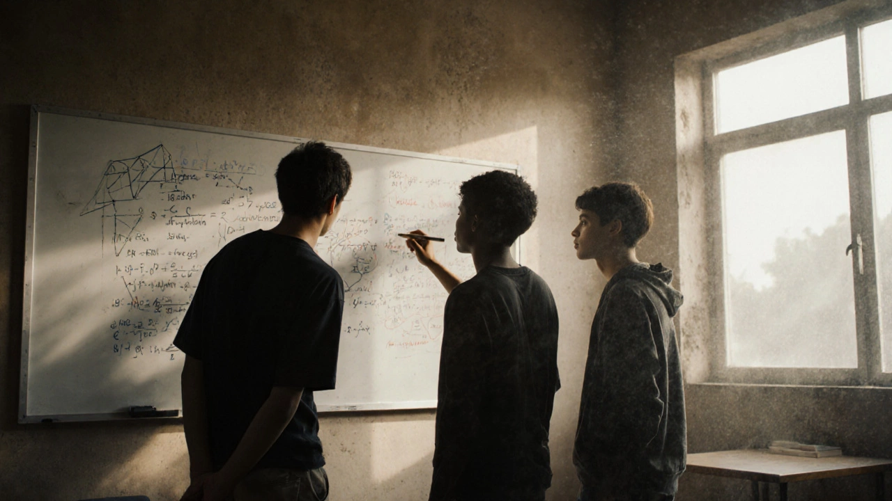 Three intense students analyzing complex math proofs on a whiteboard at a summer math program.