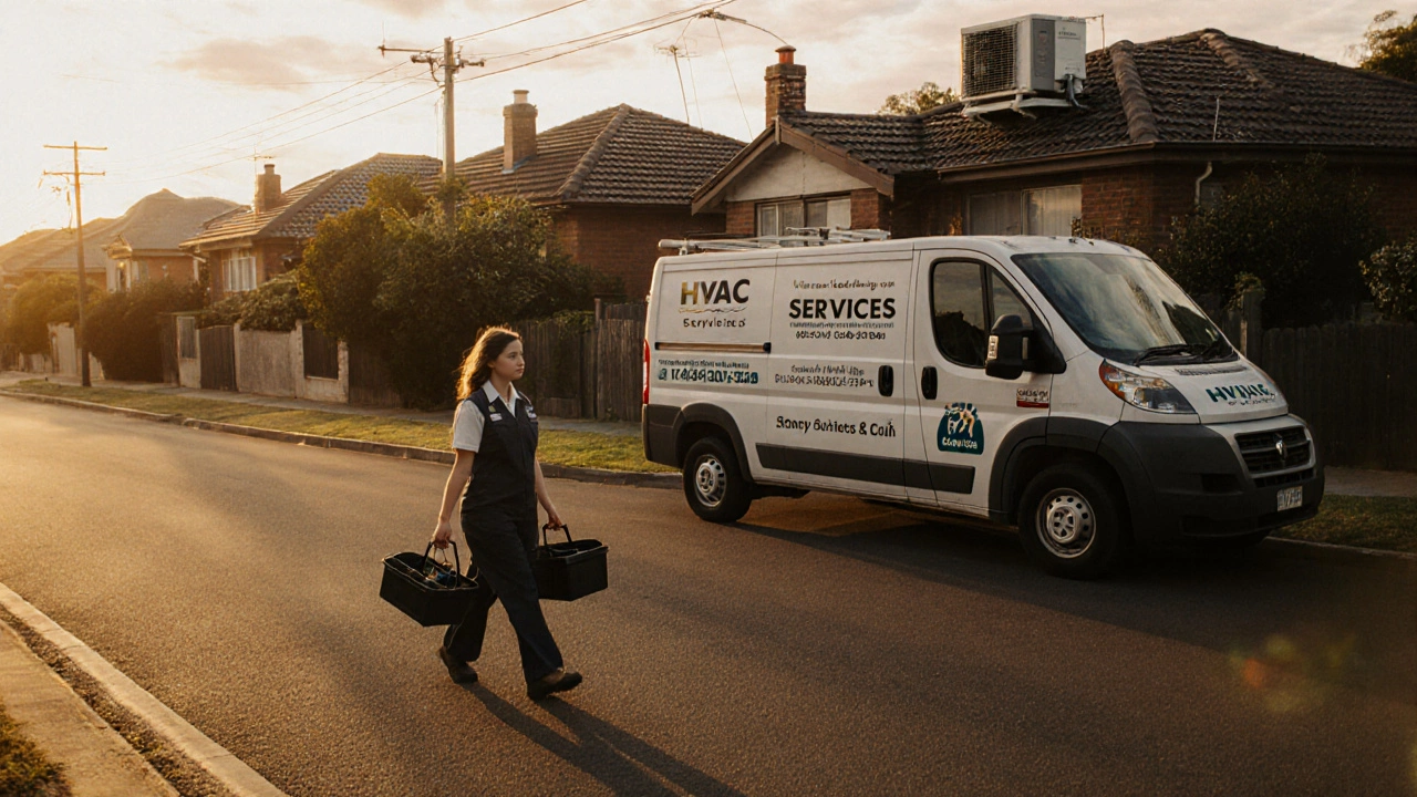Woman with toolbox walking toward a house with air conditioner on roof during golden hour.