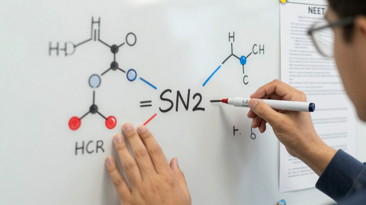 A chemistry teacher illustrates reaction mechanisms with color-coded markers on a whiteboard.