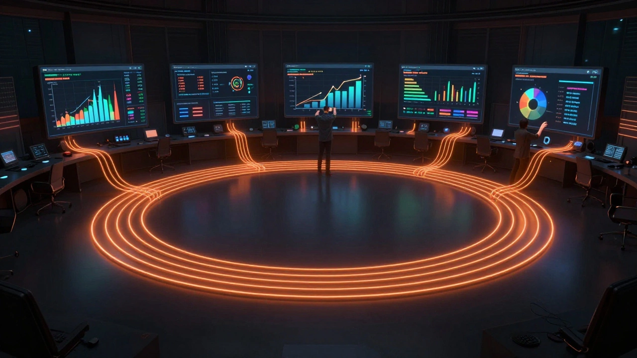 A circular data loop showing evaluation metrics feeding back into course analysis