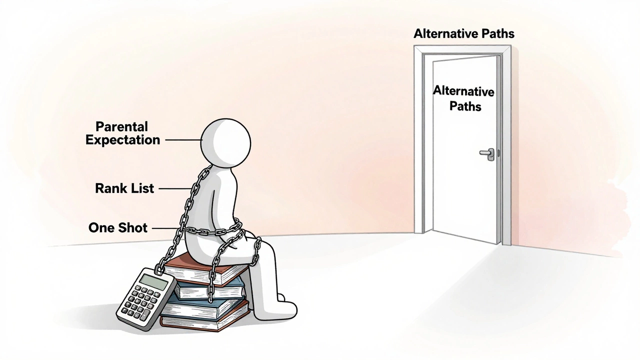 A human figure made of books and calculators bound by chains, facing a distant open door.