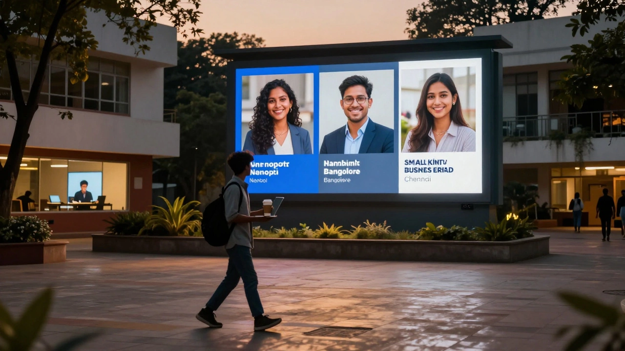A lone MBA student walking at dusk on campus, with digital alumni success stories glowing on a nearby billboard.