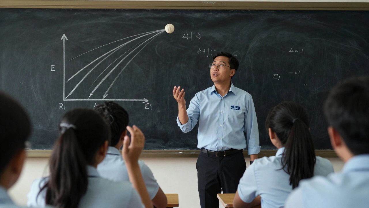 A physics coach demonstrates projectile motion with a cricket ball while students observe.