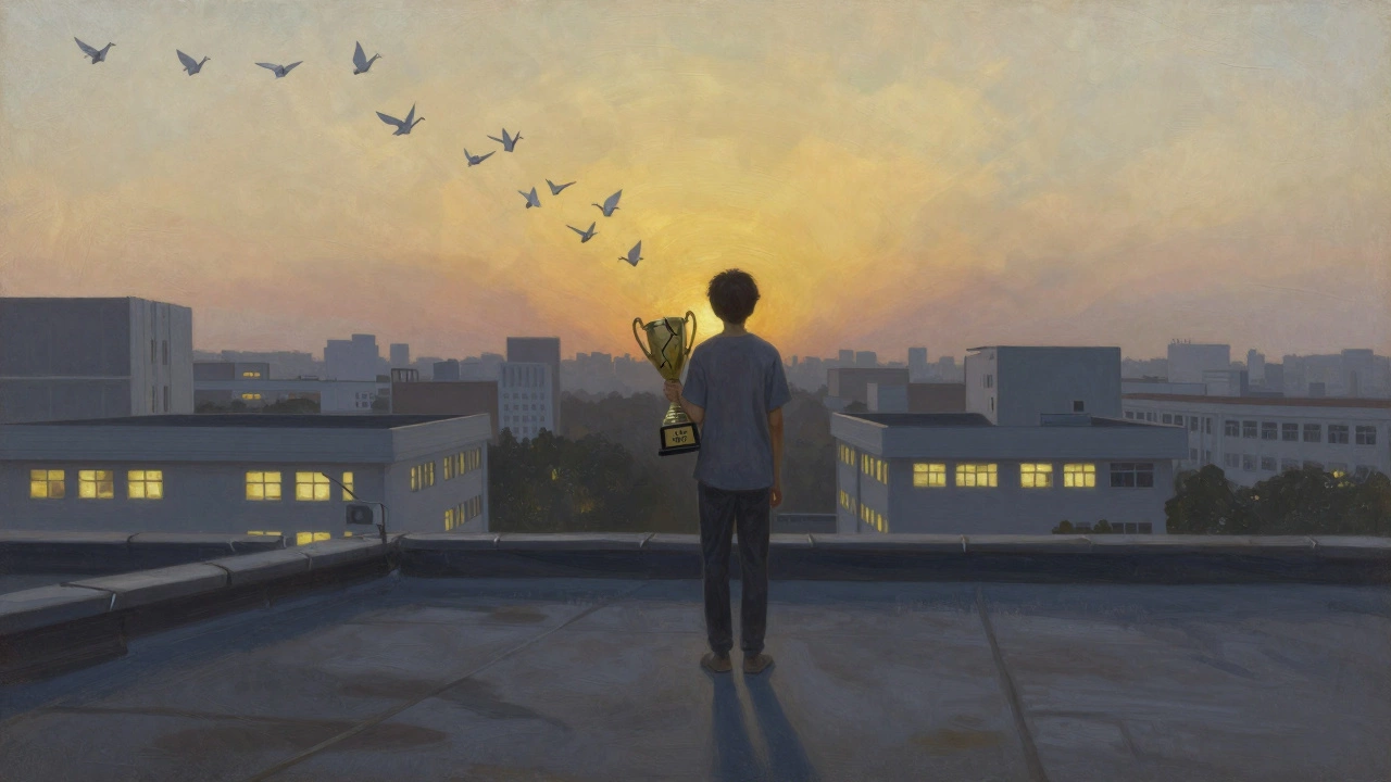 A teen on a rooftop holding a cracked trophy as shadows dissolve into paper cranes at sunrise.