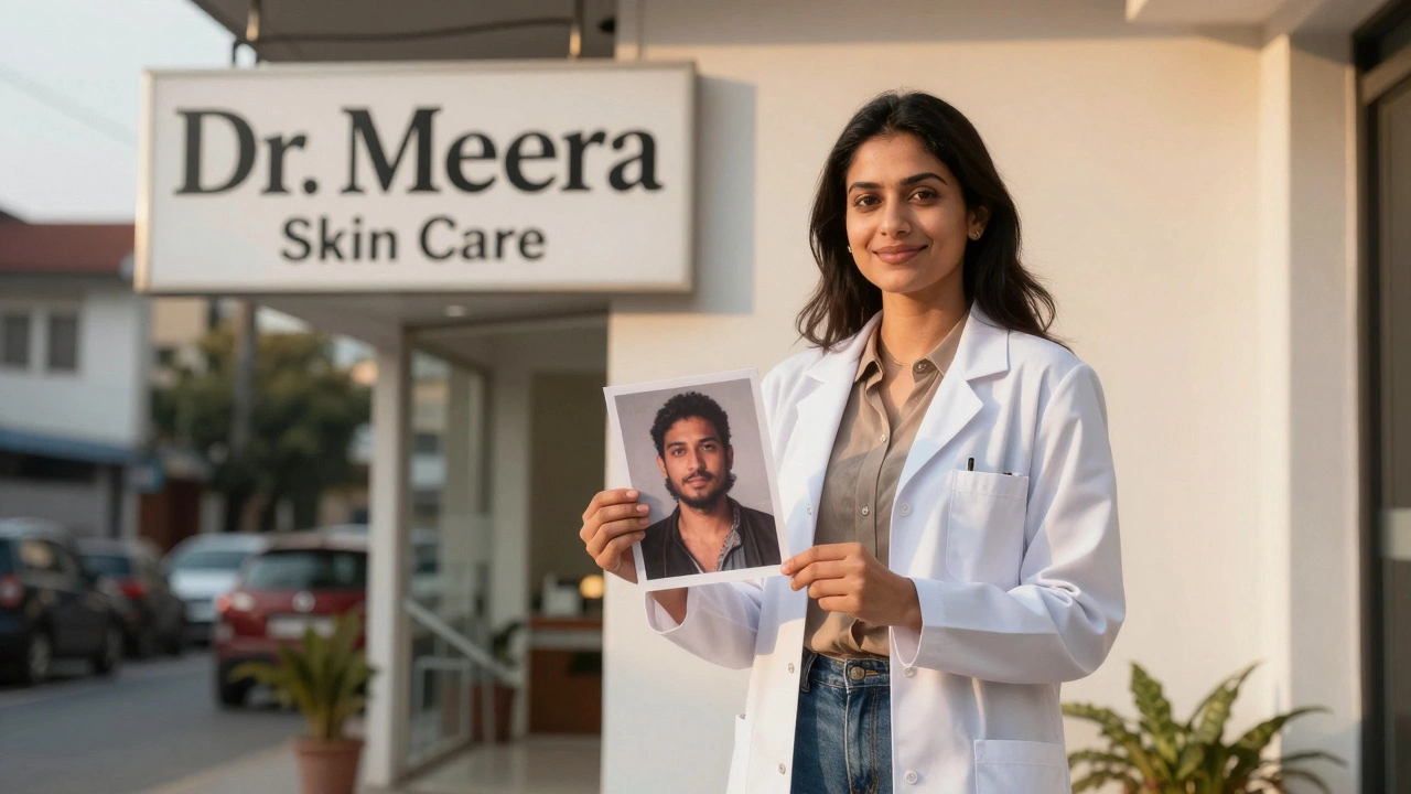 A young female dermatologist standing outside her clinic at sunset with a patient's photo.