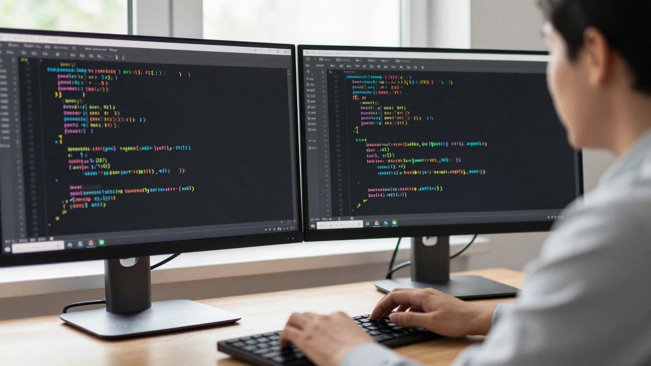 Beginner&#039;s messy code next to mentor&#039;s clean code, illuminated by daylight.