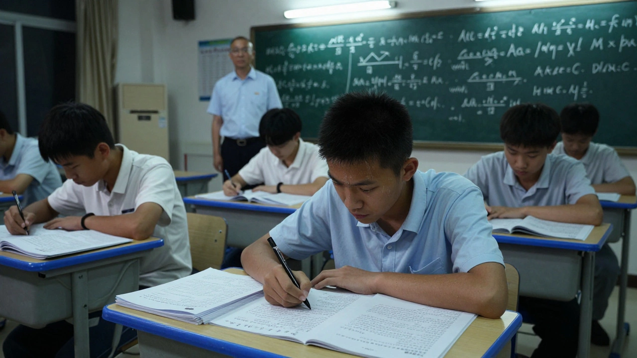 Chinese math Olympiad trainees solving complex equations under fluorescent lights at night.