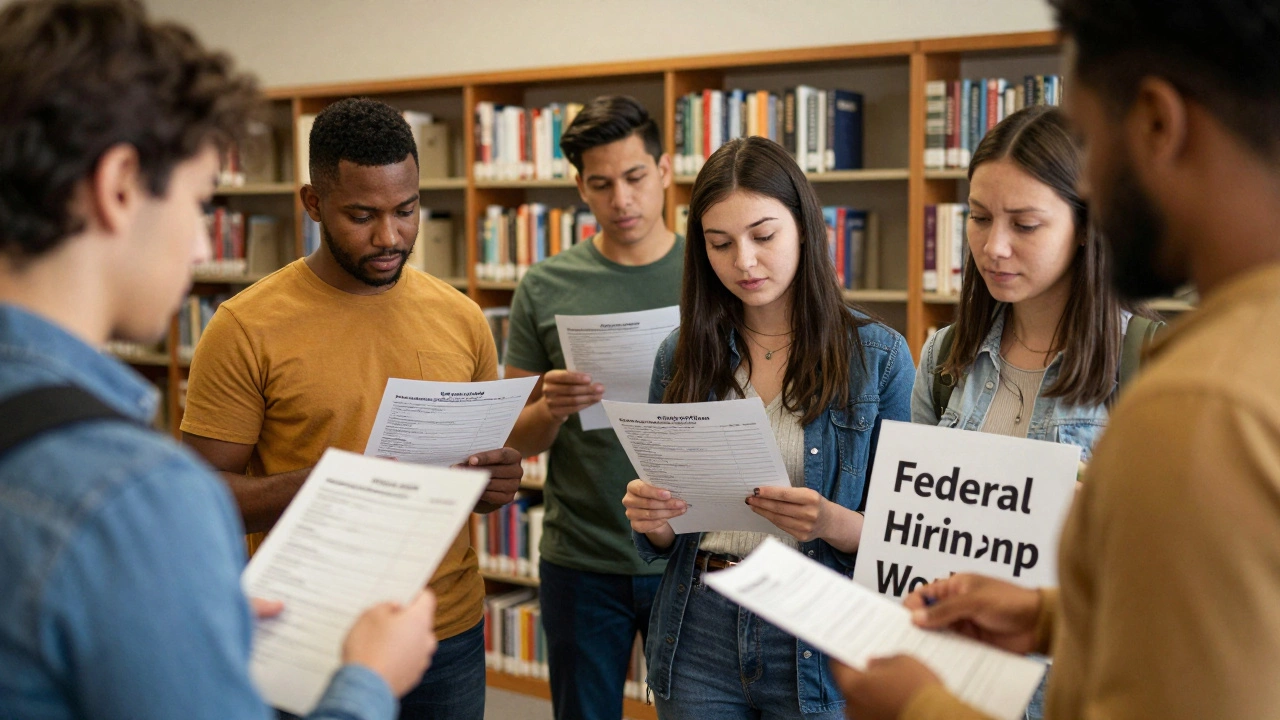 Diverse individuals receiving federal job help at a library workshop