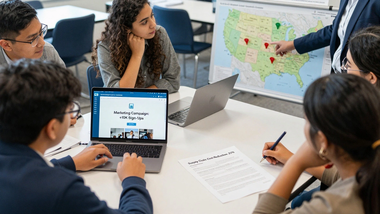 Diverse MBA students collaborating on a case project with visible LinkedIn endorsements and cost-reduction data on screen and paper.