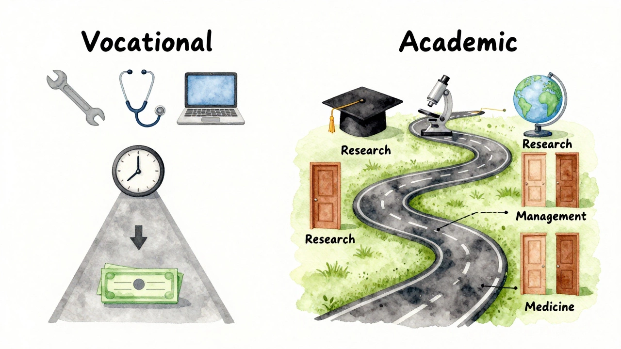 Dual-path illustration showing vocational shortcut and academic winding road to career doors.