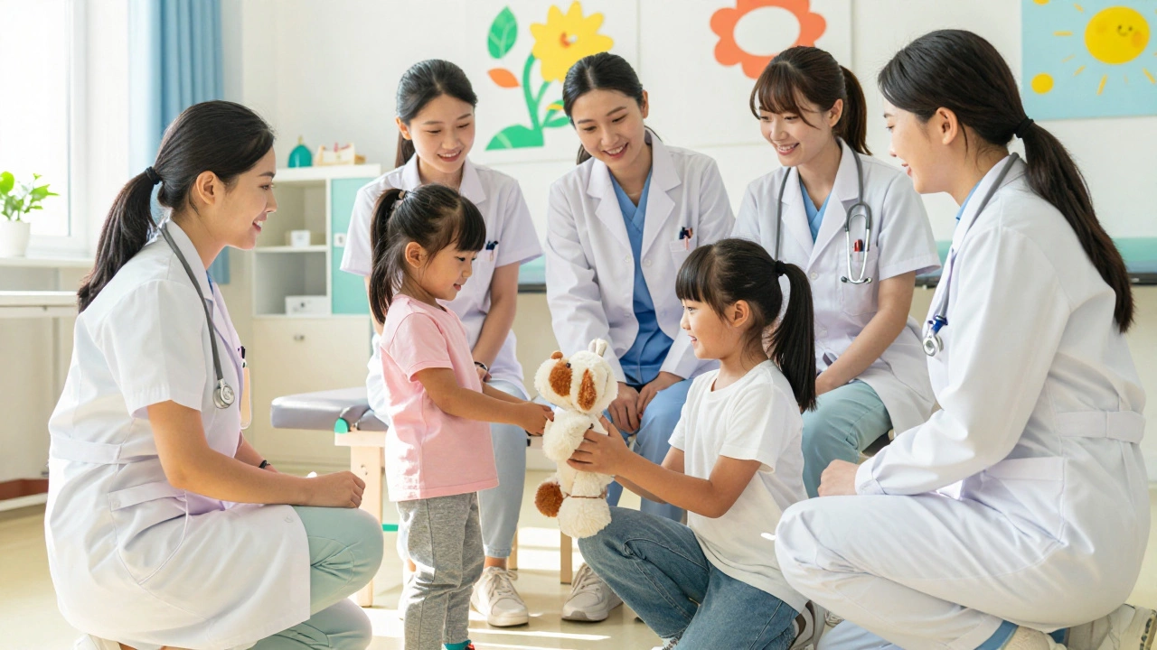 Female medical students observing a pediatrician comforting a child in a bright clinic.