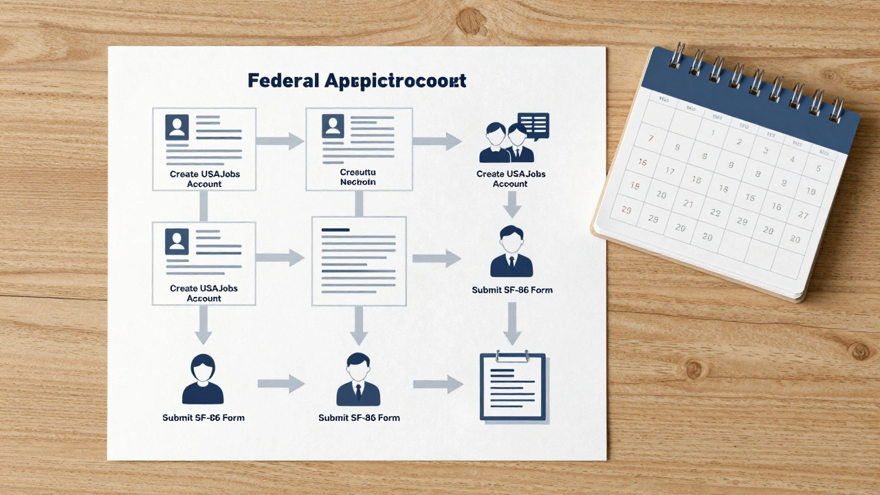 Flowchart illustrating federal job application steps on a wooden table