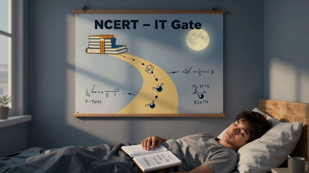 Motivational poster leading from books to IIT gate with student sleeping peacefully