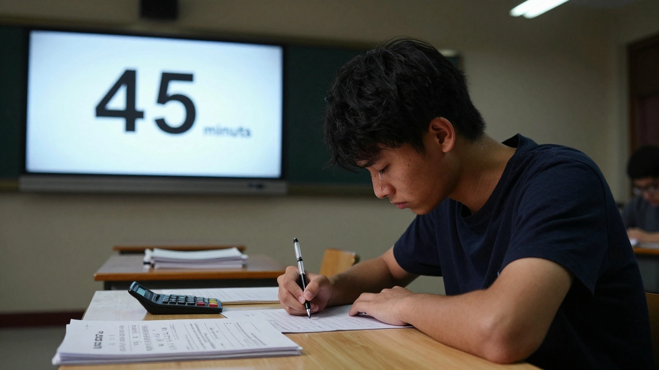 Student taking a timed JEE mock test in silent exam hall with countdown timer