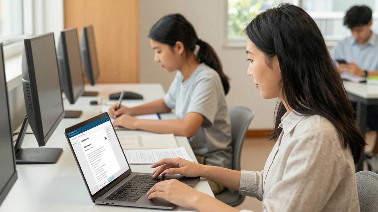 Teacher creating an assignment while student submits work and parent receives email summary.