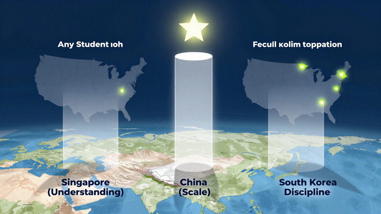 Three educational pillars representing top math systems with a star symbolizing universal potential.