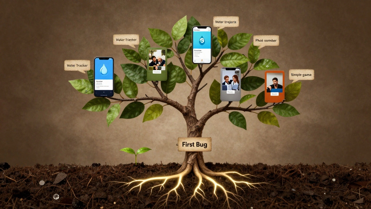 Tree growing from a bug seed, with branches representing real coding projects.
