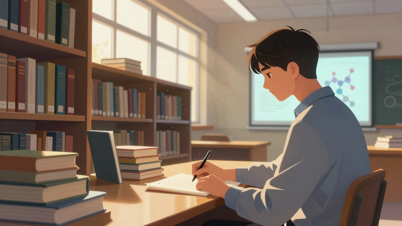 University student in lecture hall surrounded by books and sunlight.