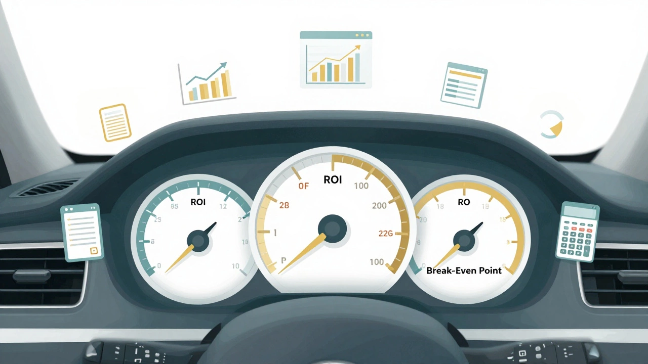 A business analytics dashboard designed like a car dashboard with key performance gauges.