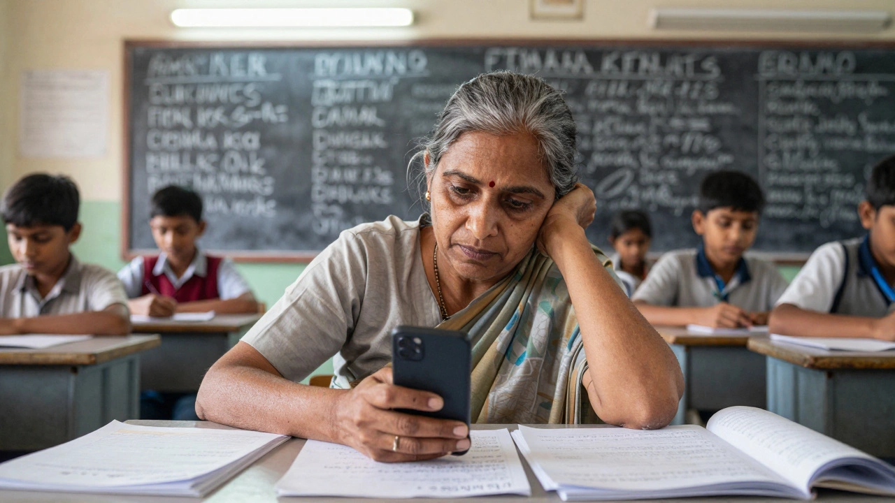 A teacher in a modest classroom replying to student texts with handwritten notes.