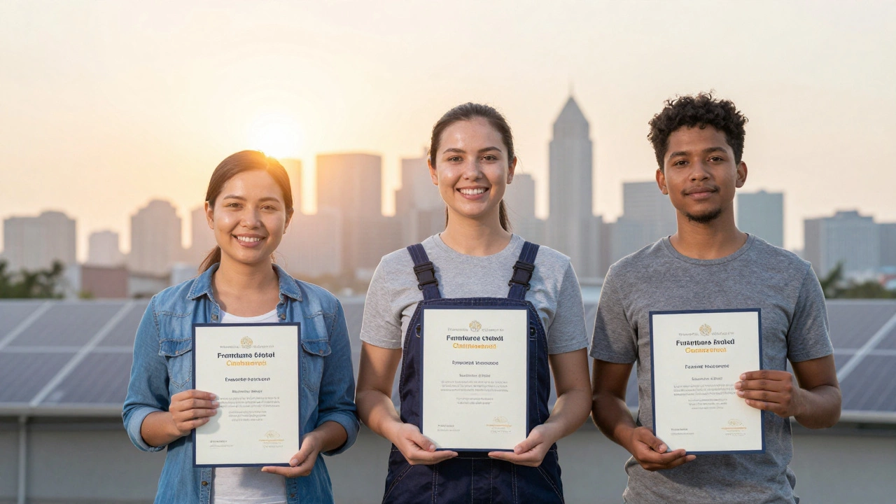 Diverse individuals holding certificates with glowing career paths behind them under a rising sun.