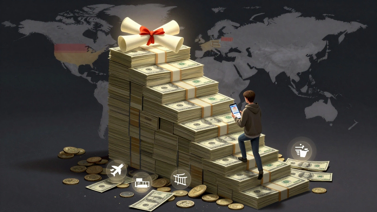 Dollar bill staircase to diploma with hidden costs below, student climbing with budget app.