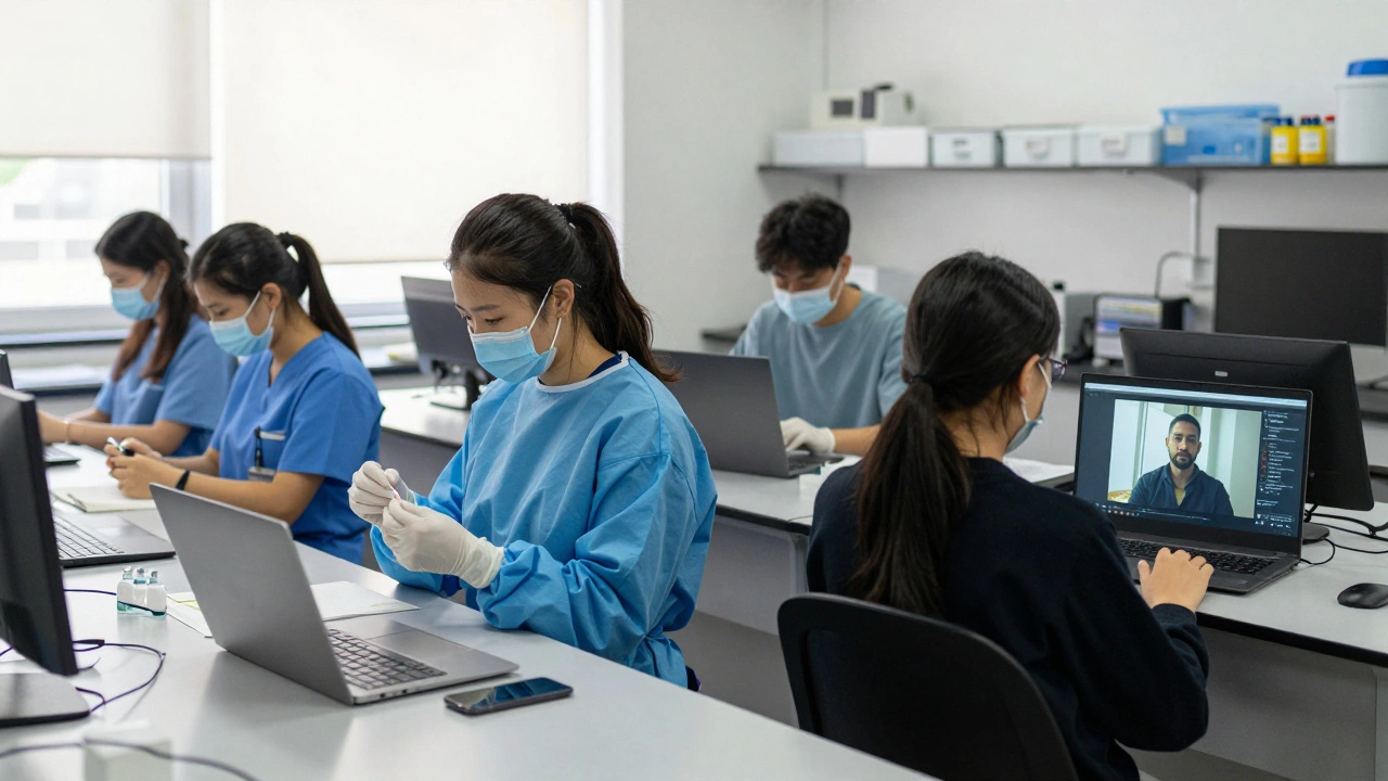 Half the class learns hands-on in a lab, the other half watches a video on laptops — a split vision of education.
