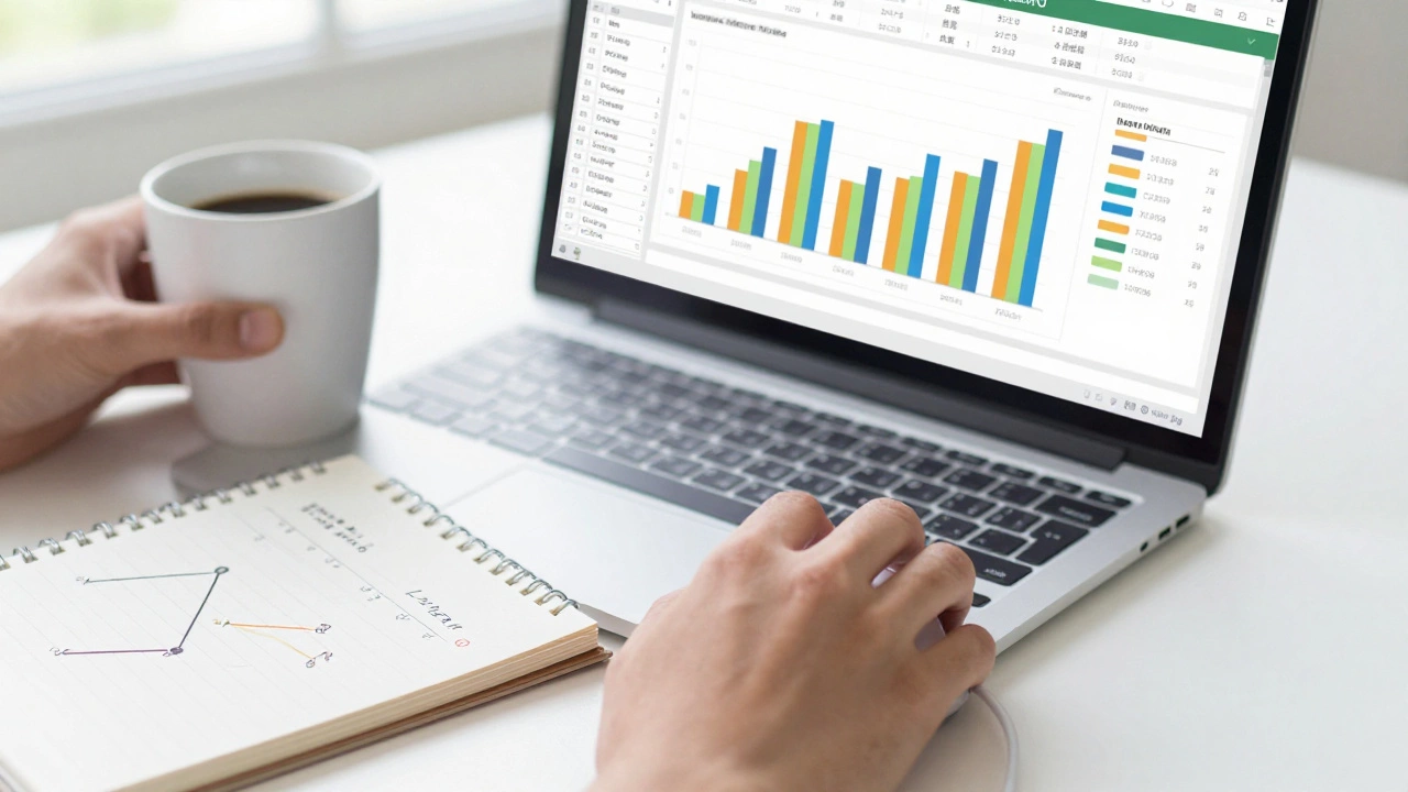 Hands interacting with an Excel dashboard showing business metrics and calculations.