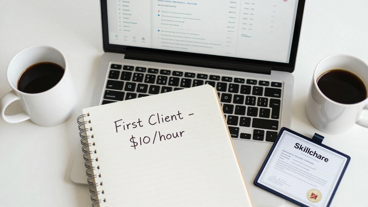 Overhead view of SEO writing tools, certification badge, and coffee on a desk.