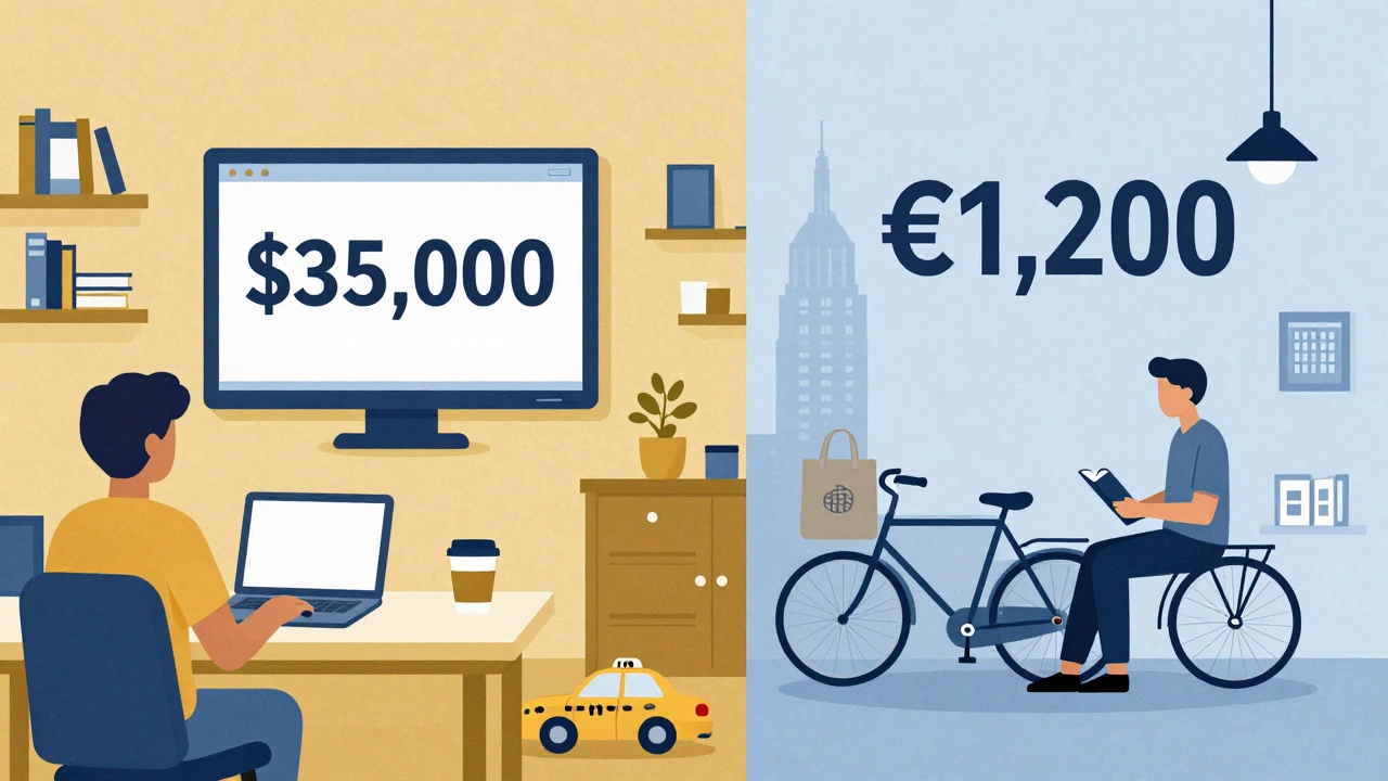 Split illustration comparing expensive U.S. student life with affordable German student life.