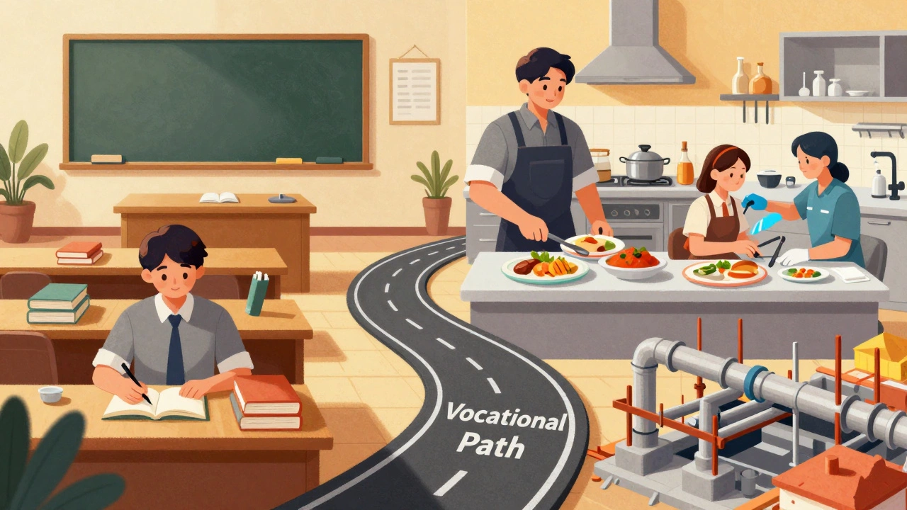 Split visual showing traditional classroom on one side and hands-on jobs like cooking and construction on the other.