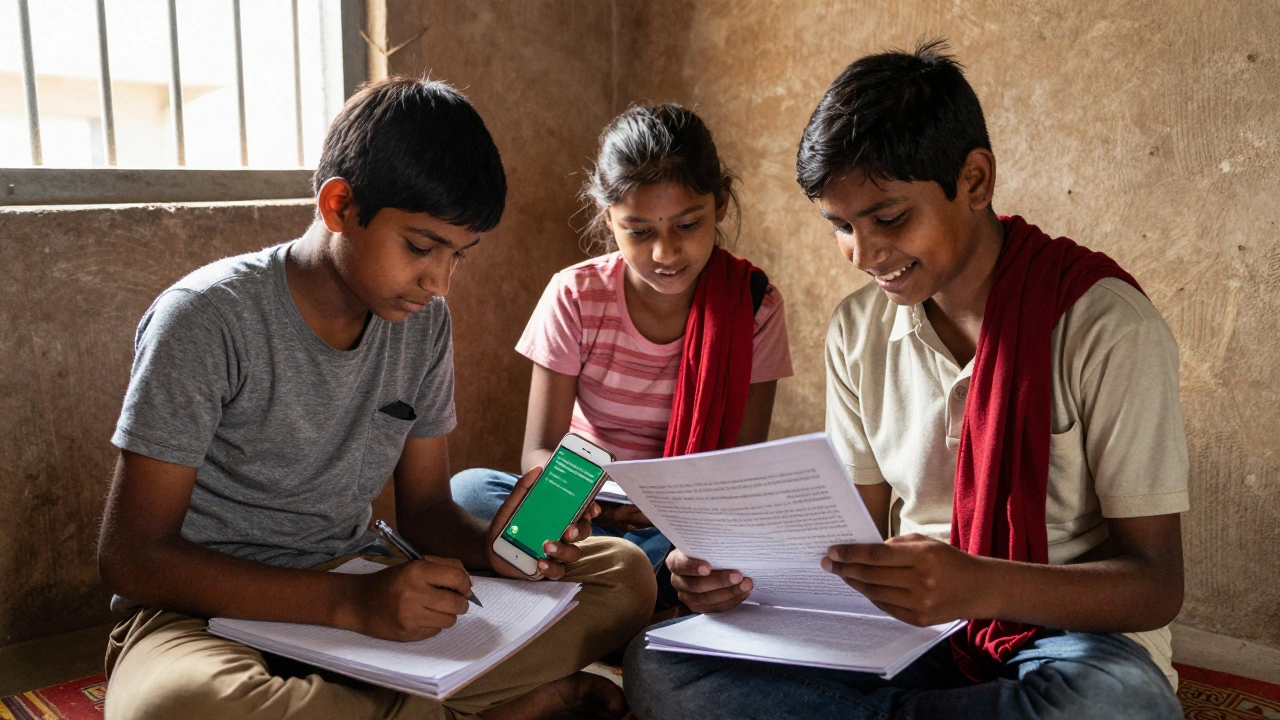 Three learners in a rural home sharing printed materials and a phone message.
