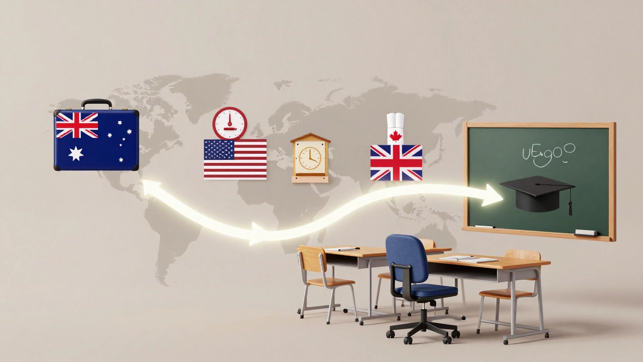 Timeline illustration showing career transition into teaching across four countries.