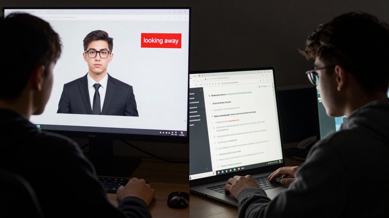 Two contrasting scenes: one student being flagged by proctoring software, another cheating on an online quiz.