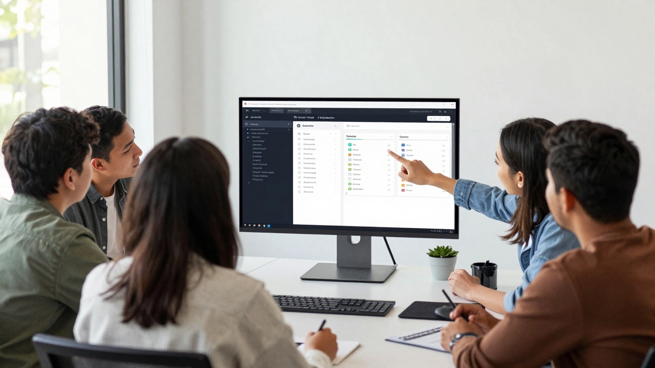 A diverse tech team reviewing live web applications on a monitor, a self-taught coder explaining their projects.