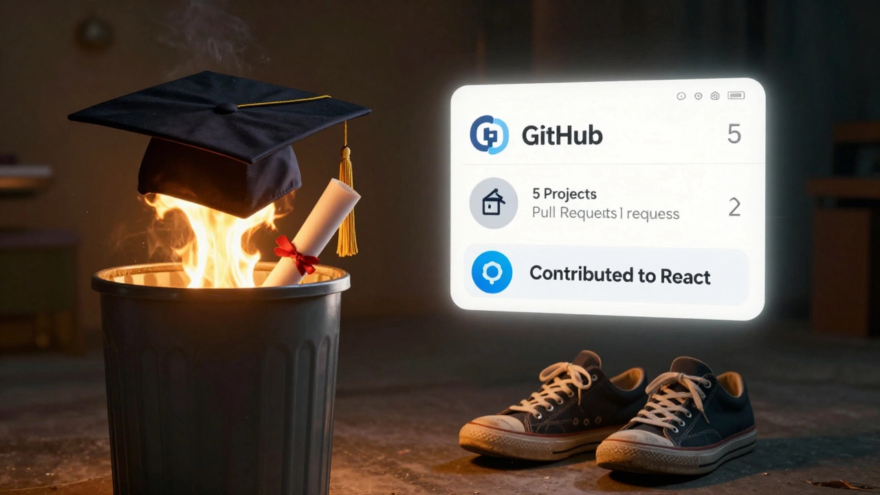 A symbolic contrast: a burning diploma on one side, a vibrant GitHub profile with projects on the other.