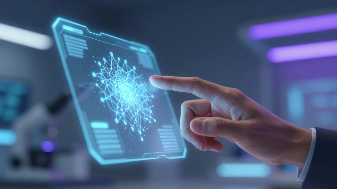 Close-up of hand interacting with holographic AI interface in high-tech lab.