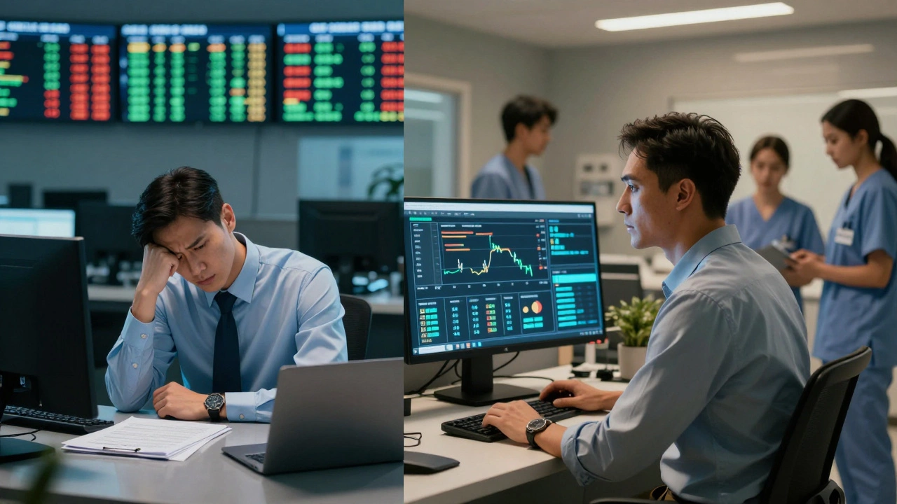 Contrasting high-stress finance job versus calm healthcare operations role.