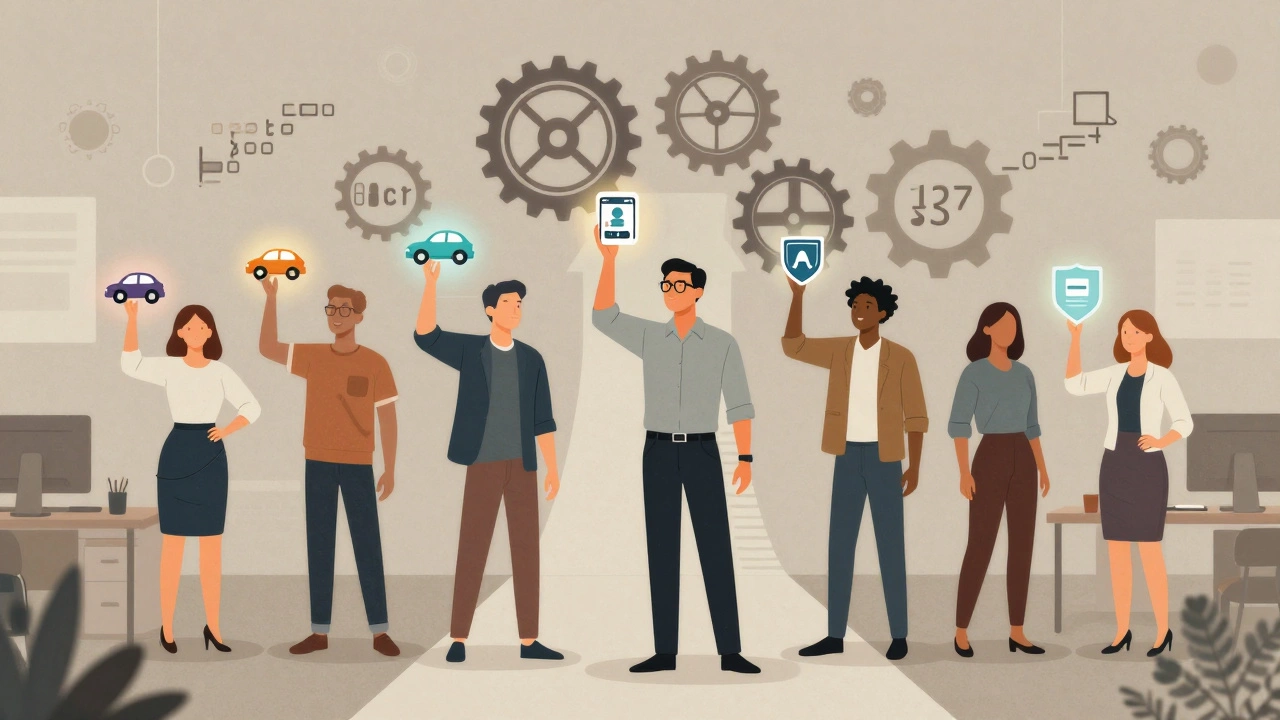 Diverse professionals on a path of growth holding symbols of their coding journey