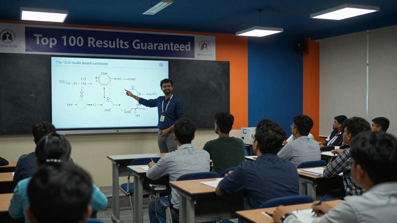 Experienced NEET instructor delivering a lecture to hundreds of students in a packed coaching hall in Kota.