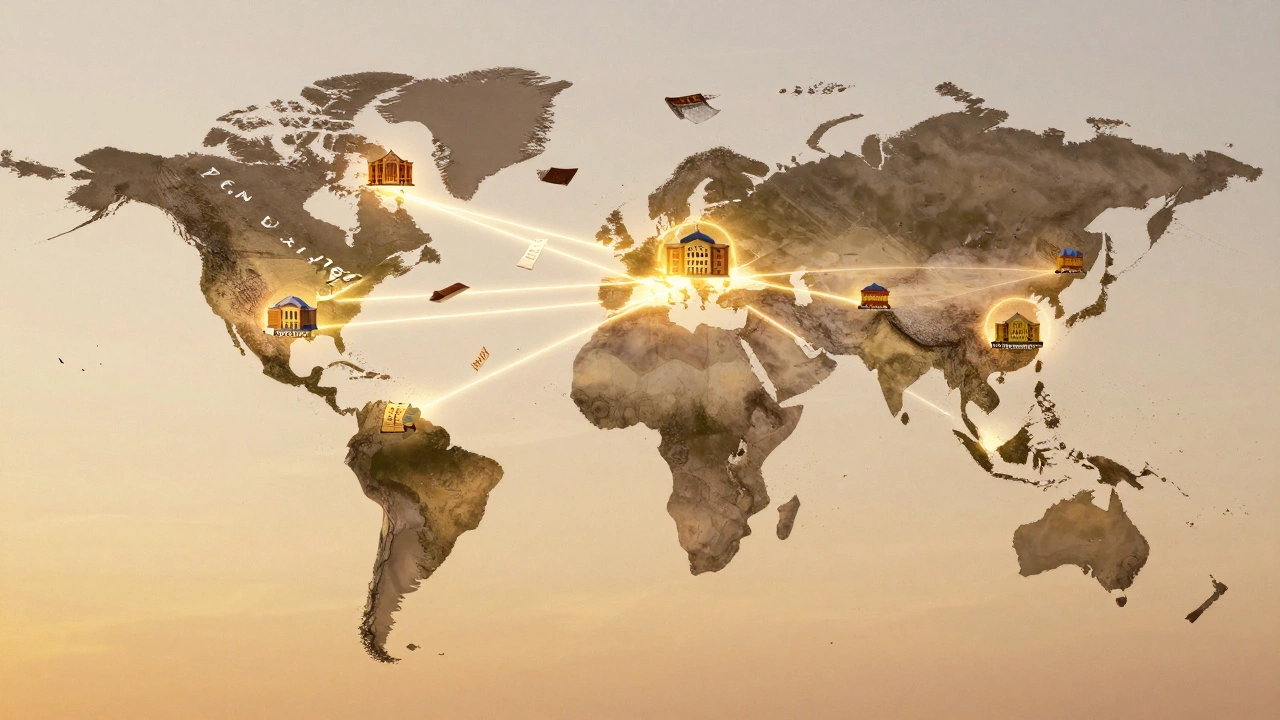 Global map with glowing links connecting CBSE schools across continents, textbooks traveling between them.