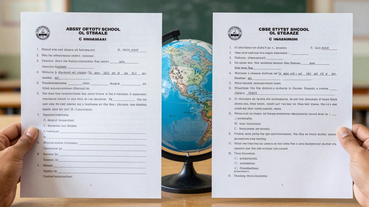 Identical CBSE exam papers side by side in Chennai and Sydney, separated by a transparent globe.