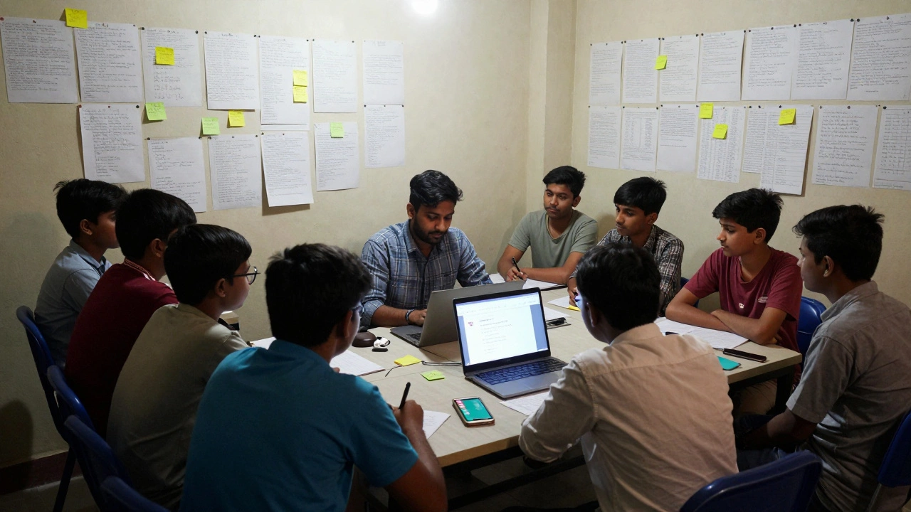 Independent NEET tutor teaching a small group in a converted bedroom coaching center in Bhopal.