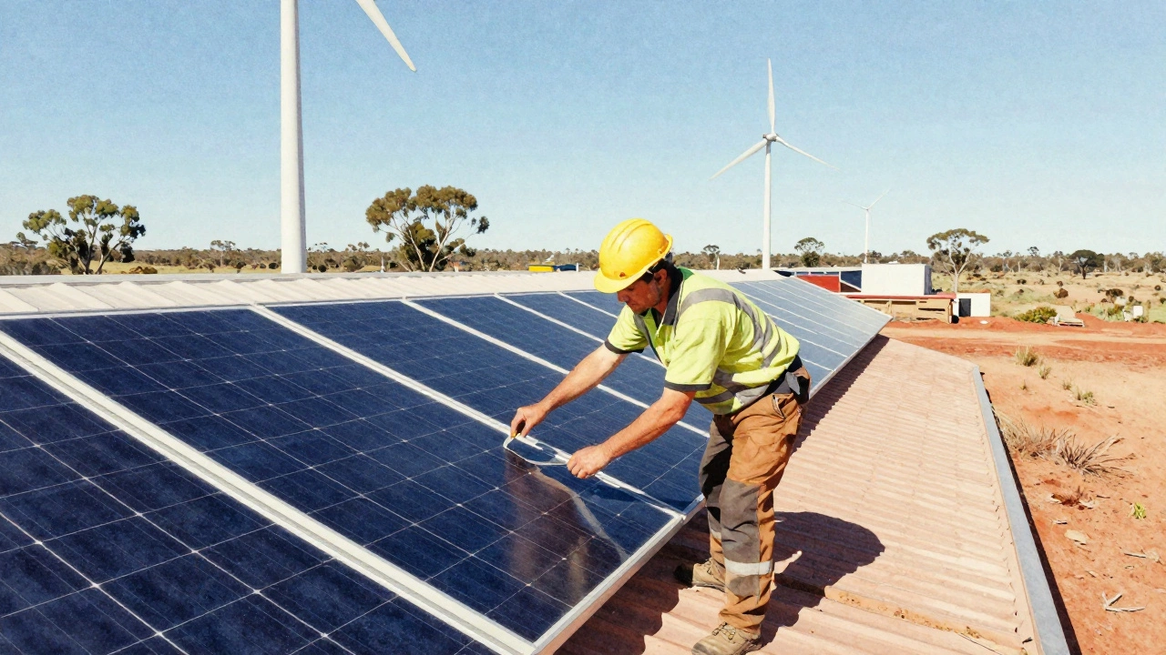 Renewable energy technician installing solar panels on Australian rooftop with wind farm.