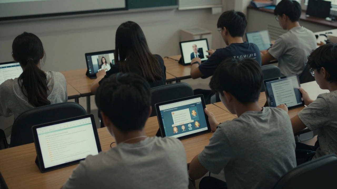 Students in a classroom using eLearning tablets versus passively watching a livestream on phones, showing different levels of engagement.
