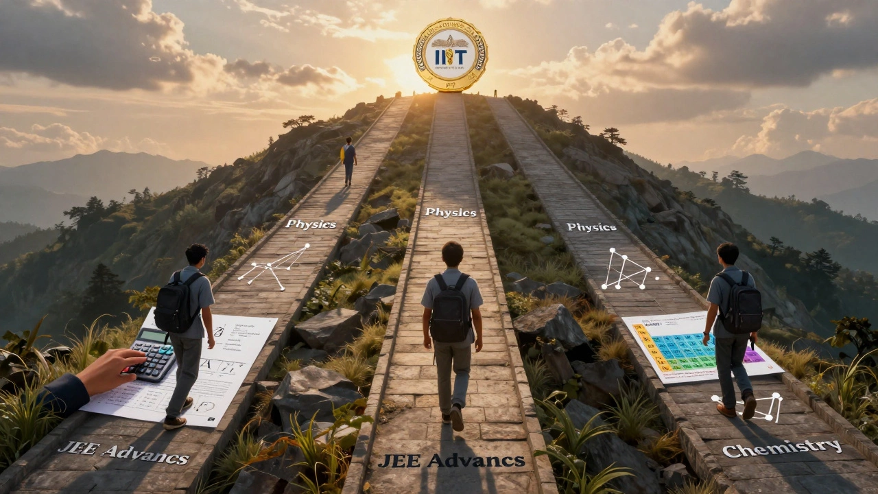 Three climbers on separate paths toward a summit marked 'JEE Advanced', each representing a different subject with unique tools.