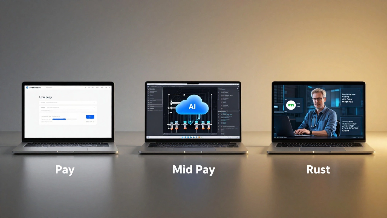 Three contrasting developer workstations showing low, mid, and high salary roles