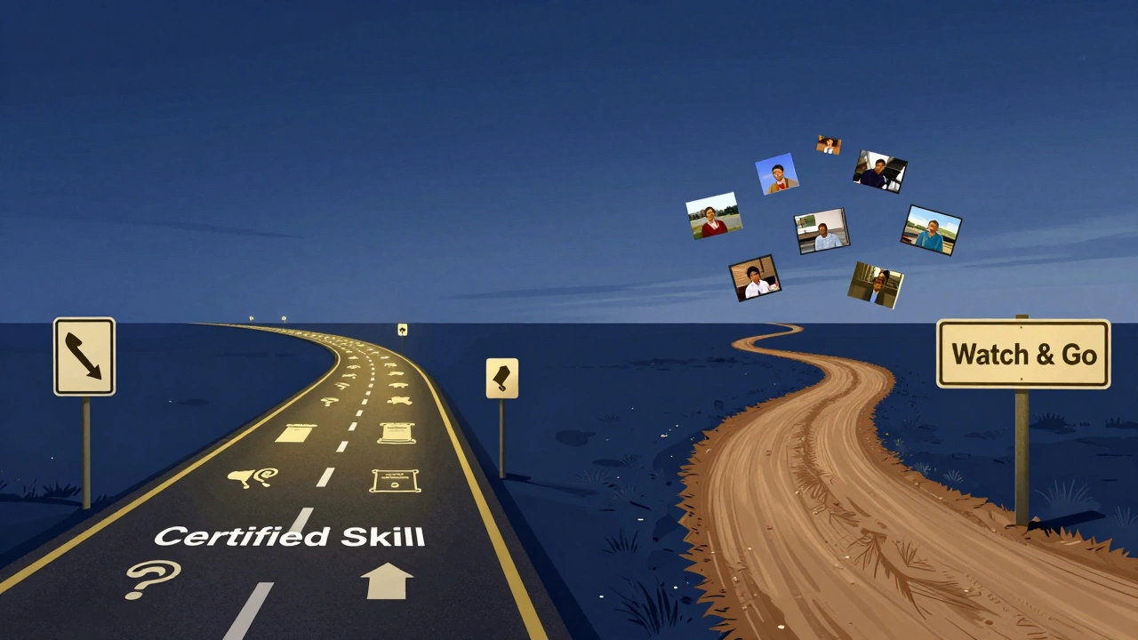 Two diverging paths symbolizing eLearning with structured milestones and online learning with casual video content under a twilight sky.